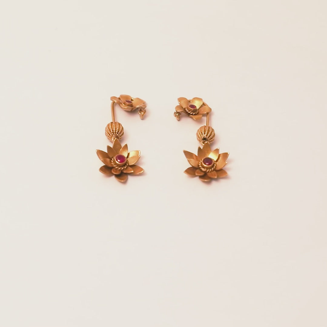 Floral Silver Danglers in 22K Gold Plating (Ruby)