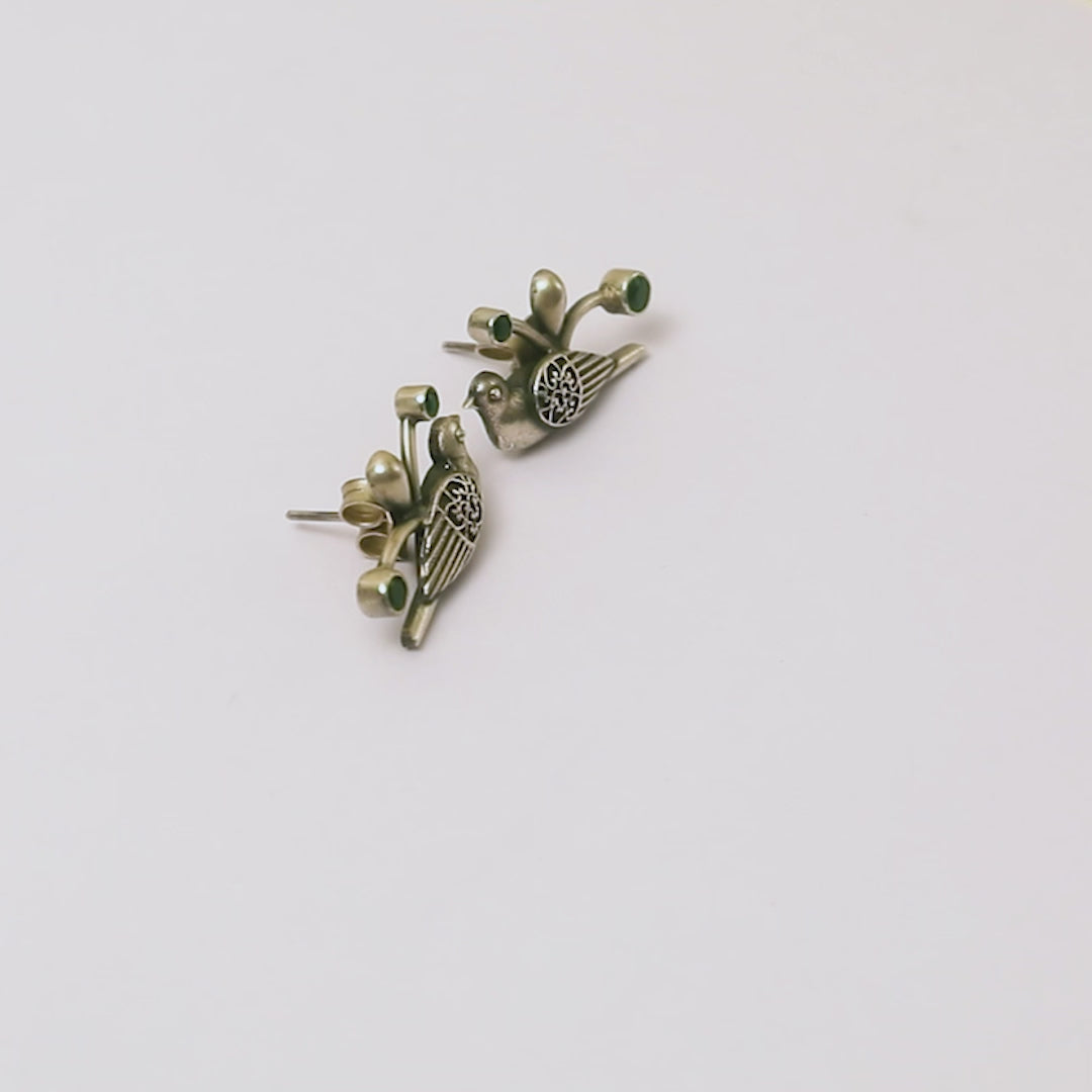 Bird Green Studs Oxidised Silver Earrings