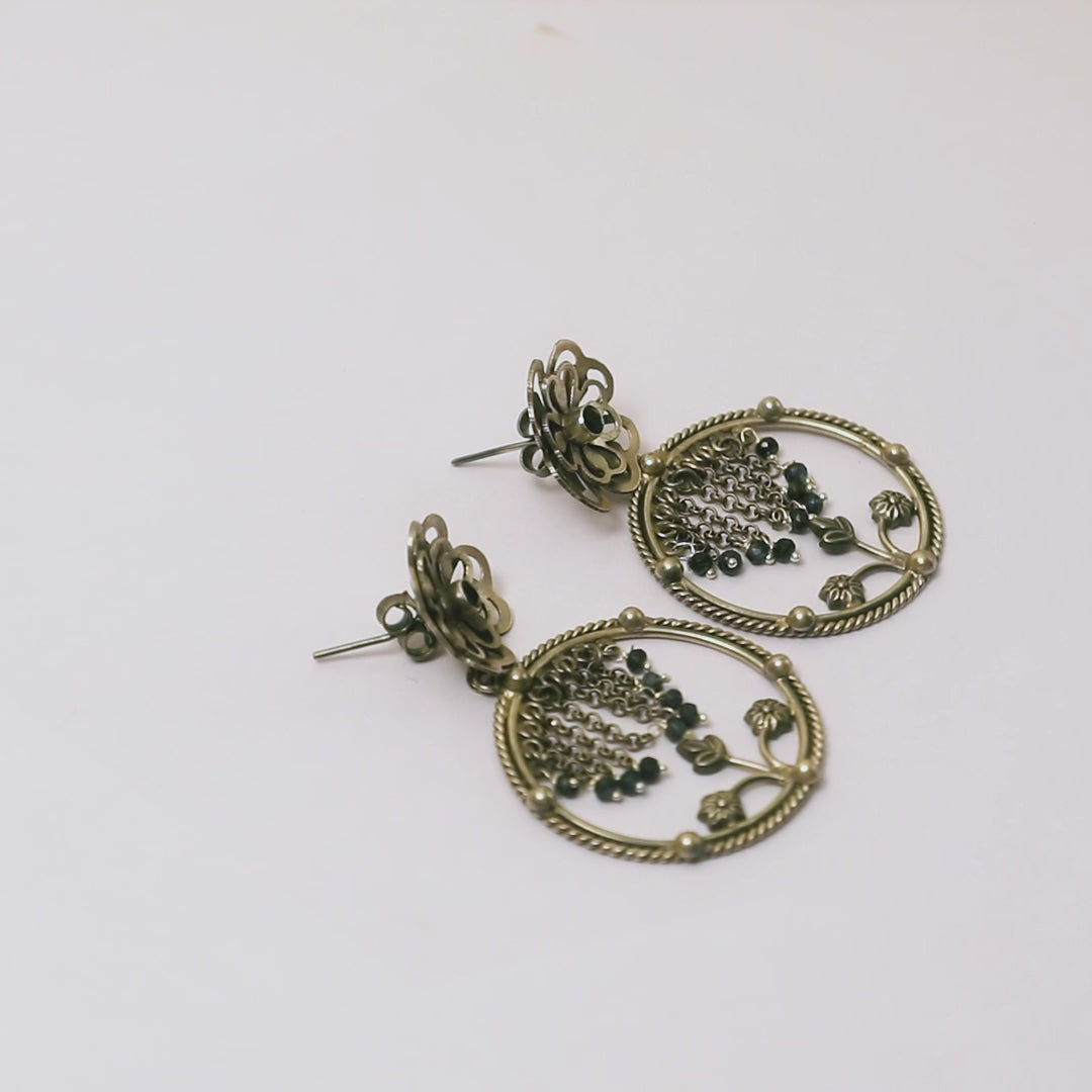 Floral Dangling Oxidized Silver Earrings with Black Beads