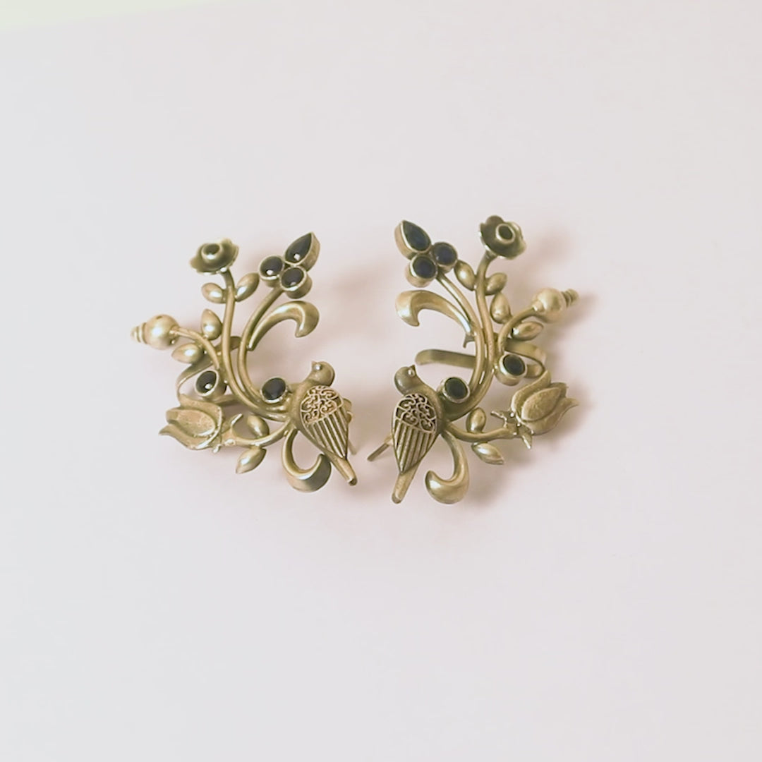 Bird & Flowers 925 Silver Ear Cuff With Black Accents