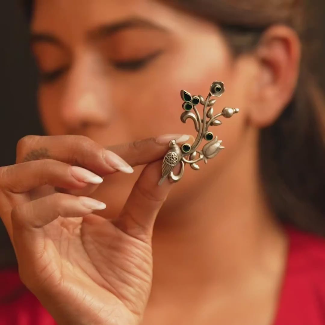 Bird & Flowers 925 Silver Ear Cuff With Black Accents
