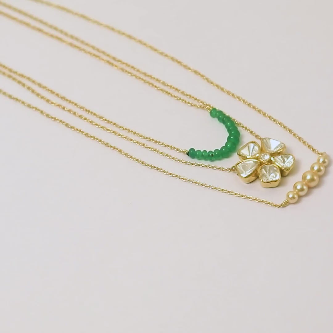 Triple Layer Necklace With Emerald, Moissanite Polki & Freshwater Pearl in 925 Silver Gold Pating
