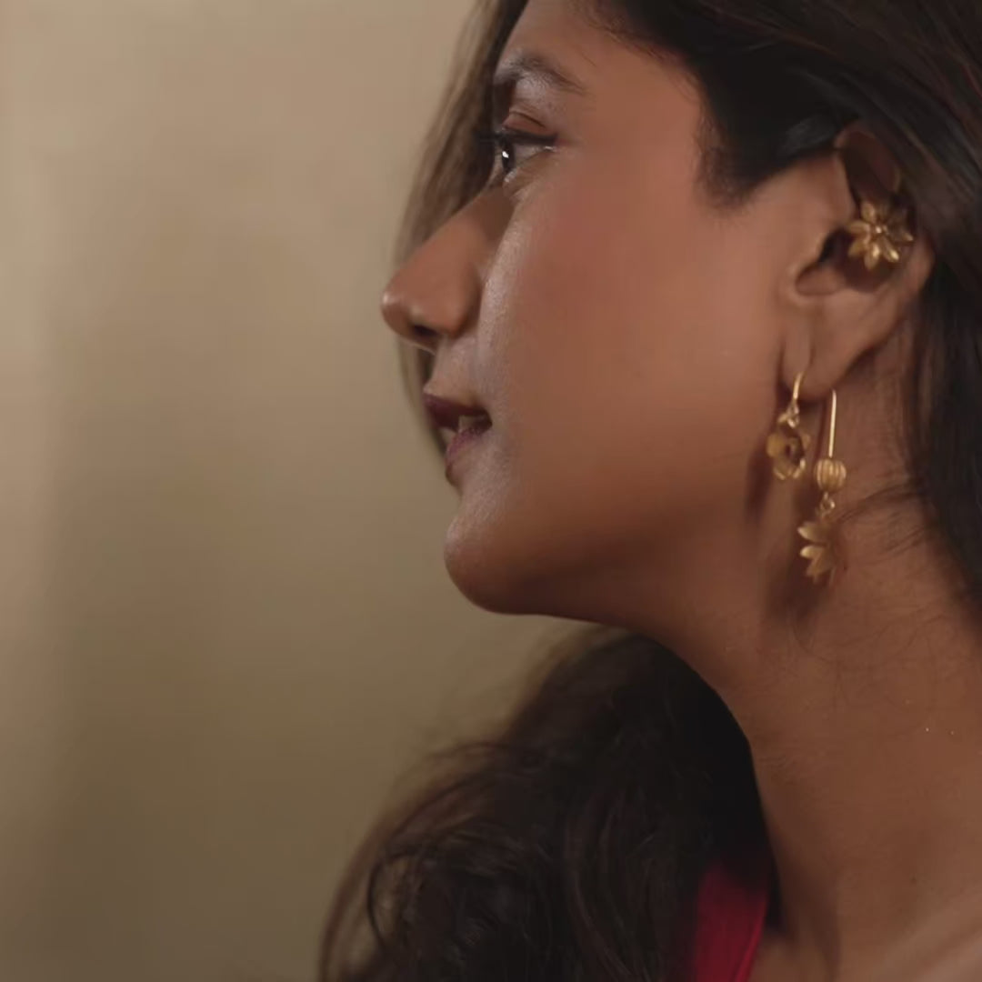 Floral Silver Danglers in 22K Gold Plating (Ruby)