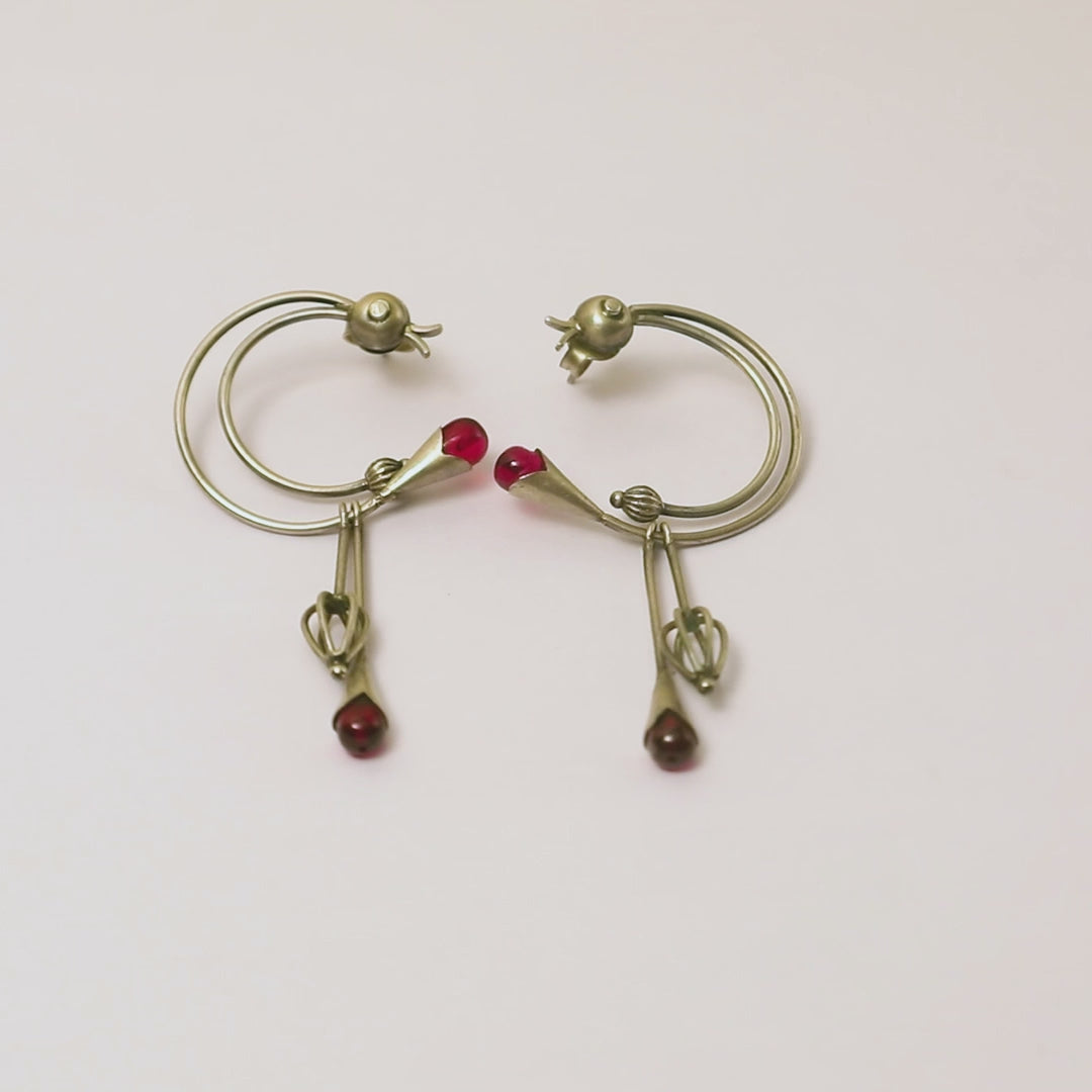 Ruby Stone Dual Drop 925 Silver Oxidised Earrings