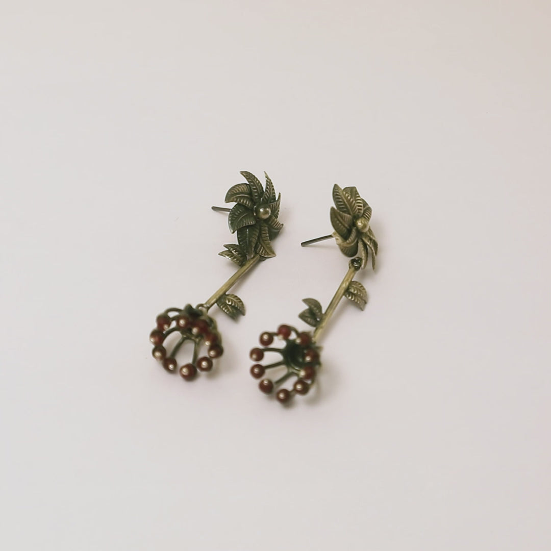 Floral Drop Oxidised Silver Earrings with Ruby Beads